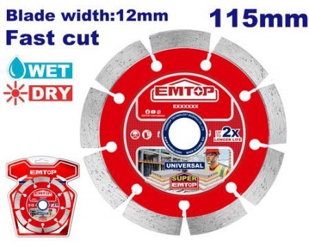 Discuri abrazive - Disc diamantat segmentat, 115mm x 22.2mm x 12mm, EMTOP