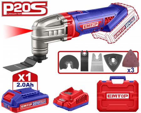 Unelte electrice speciale - Instrument multifunctional cu 1 acumulator 2.0AH, 6 viteze, 8 accesorii, cutie transport, EMTOP