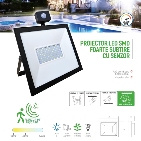 Proiector cu led si senzor 50W, IP44, 85LM/W, temperatura de culoare 6500K [1]