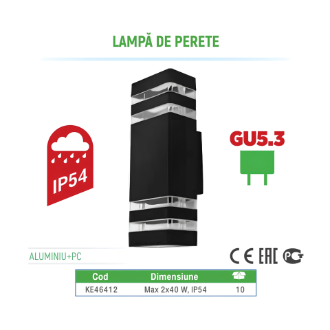 Lampa de perete 2xGU5.3 IP54, Negru, dimensiune 100x110 mm, KE46412 - Klaus [1]