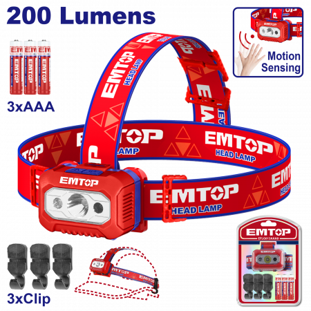 Accesorii echipament - Lanterna frontala cu baterii, senzor aprindere, rezistenta la ploaie, 200 lumeni