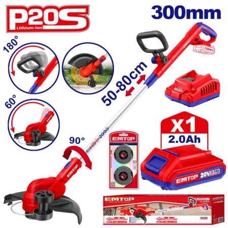 Utilaje pentru gradina - Motocoasa Electrica, 20V, 8200rpm, 1 Acumulator 2.0Ah, Maner Reglabil, Diametru de taiere 300mm, 5m Linie