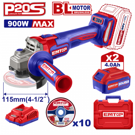 Polizoare unghiulare - Polizor unghiular 900W cu 2 acumulatori 4.0Ah, motor fara perii (brushless), 115mm, 10 discuri incluse, EMTOP
