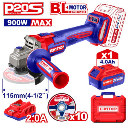 Polizoare unghiulare - Polizor unghiular pe acumulator cu 1 acumulator, motor fara perii (brushless), 115mm, EMTOP