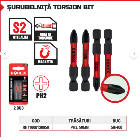 RODEX BITI DE SURUBELNITA PH2*50 BIT TORSION 2 BUC/CARD SANDWICH [2]