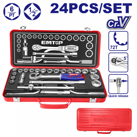 Chei - Set 24 de chei tubulare si accesorii, cutie de transport inclusa, EMTOP