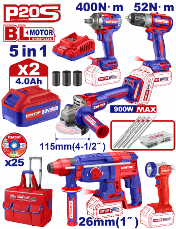Masini de gaurit si insurubat - Set 5 scule cu baterie, masina de gaurit, cheie de impact, ciocan rotopercutor, polizor unghiular, lampa de lucru si 2 baterii de 4.0Ah incluse, incarcator si accesorii, EMTOP