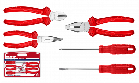 Clesti - Set 5 unelte, cleste combinat 7'', cleste cu varf lung 6'', cleste taiere diagonala 6'', surubelnita PH1*100 si surubelnita SL5.5*100, EMTOP