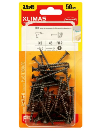 Surub pentru fixarea placilor de gips-carton pe suporturi din lemn, FT 3.5x45mm 50 bucati/blister - BGD-35045, Klimas Wkret-met [1]