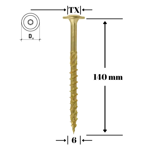 Suruburi pentru lemn - Surub dulgherie lemn, cap saiba TORX TX30 6x140 mm, 100 bucati/cutie - WKCP-06140, Klimas Wkret-met