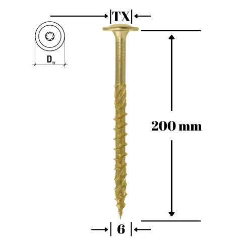 Suruburi pentru lemn - Surub dulgherie lemn, cap saiba TORX TX30 6x200 mm - 100 bucati/cutie - WKCP-06200, Klimas Wkret-met