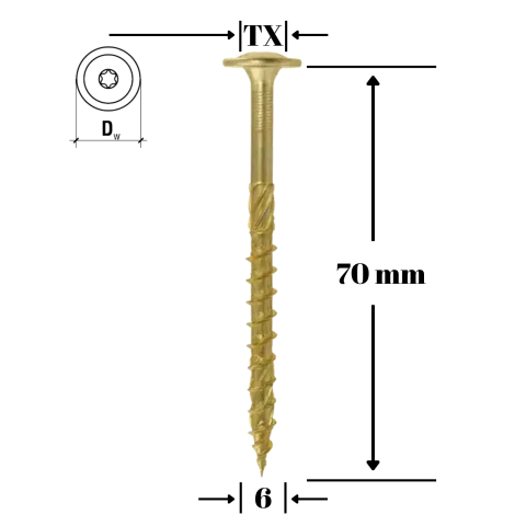 Suruburi pentru lemn - Surub dulgherie lemn, cap saiba TORX TX30 6x70 mm, 100 bucati/cutie - WKCP-06070, Klimas Wkret-met