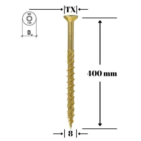 Suruburi, cuie, dibluri si alte elemente de fixare - Surub pentru lemn TORX 8x400mm (50buc/cut) - WKCS-08400(50), Wrek-met KLIMAS