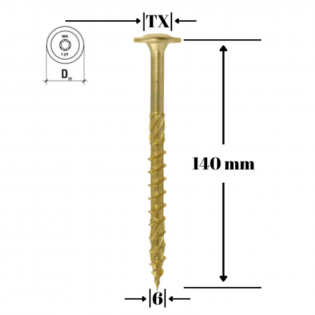 Suruburi pentru lemn - Surub pentru lemn cu saiba, TORX 6x140mm - WKCP-06140, Wrek-met KLIMAS