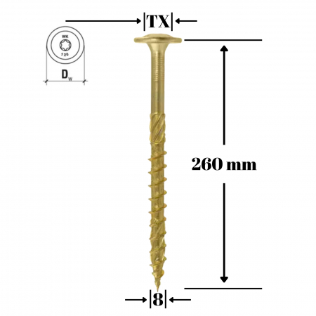 Suruburi pentru lemn - Surub pentru lemn cu saiba, TORX 8x260mm - WKCP-08260, Wrek-met KLIMAS