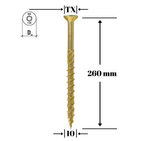 Suruburi pentru lemn - Surub pentru lemn TORX 10x260mm - WKCS-10260(25), Wrek-met KLIMAS