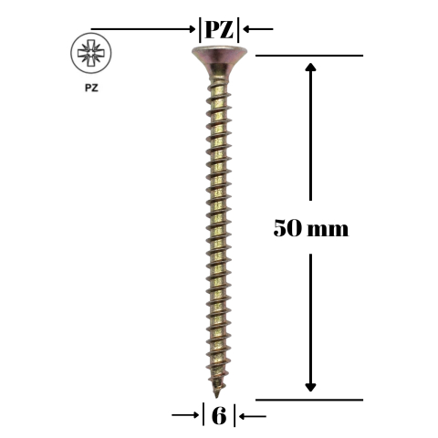 Suruburi, cuie, dibluri si alte elemente de fixare - Surub UC, cap inecat 6x50 mm pentru lemn, PAL și OSB, 250 buc/cutie