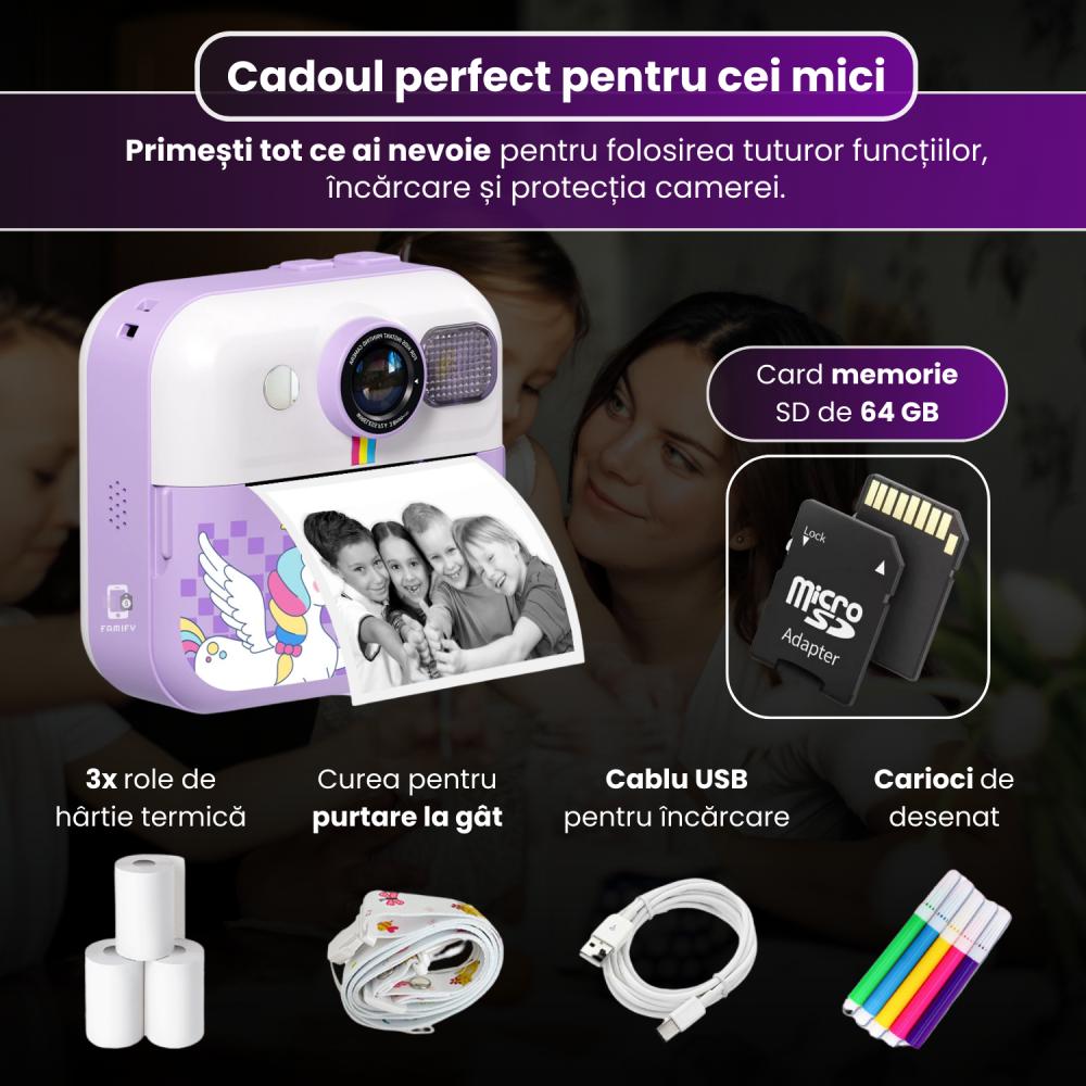 Cameră Foto Instant pentru Copii Famify Mov – 48MP, Full HD, Jocuri Educative, Cadou Ideal [3]
