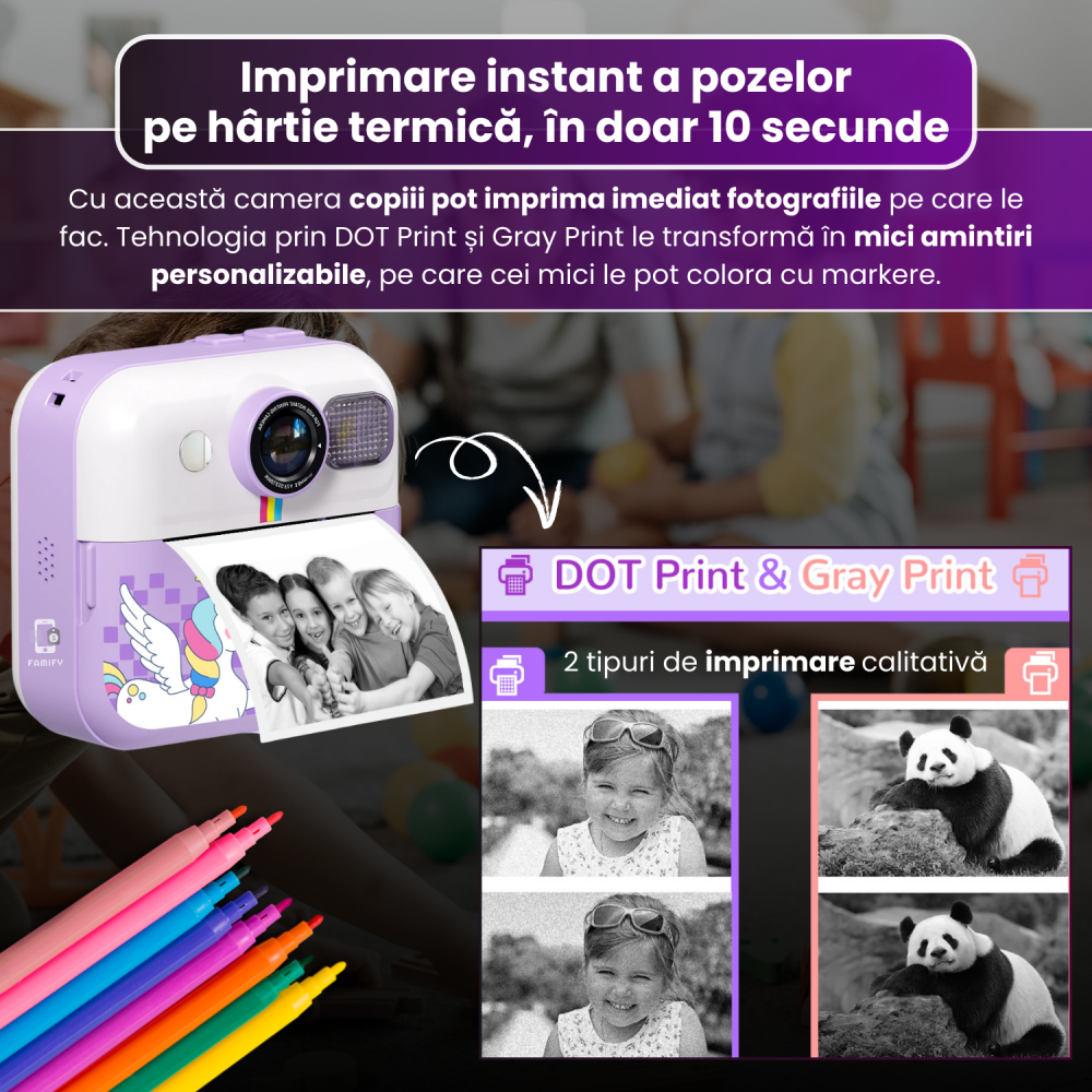 Cameră Foto Instant pentru Copii Famify Mov – 48MP, Full HD, Jocuri Educative, Cadou Ideal [2]