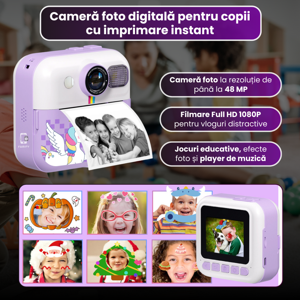 Cameră Foto Instant pentru Copii Famify Mov – 48MP, Full HD, Jocuri Educative, Cadou Ideal [6]