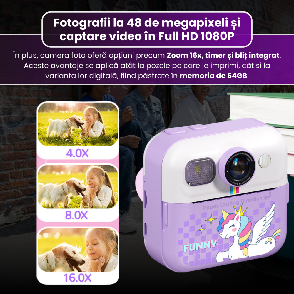 Cameră Foto Instant pentru Copii Famify Mov – 48MP, Full HD, Jocuri Educative, Cadou Ideal [4]