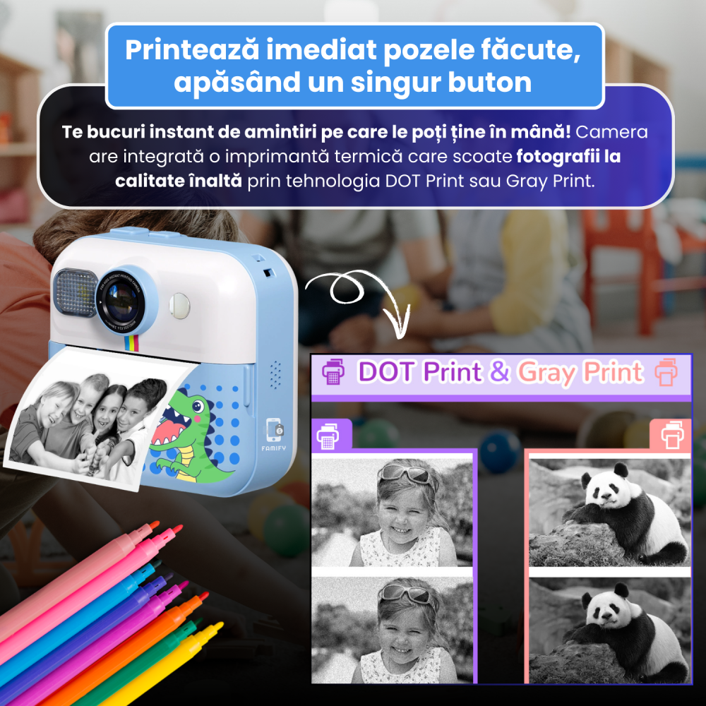 Cameră Foto Instant pentru Copii Famify Albastru – 48MP, Full HD, Jocuri Educative, Cadou Ideal [3]