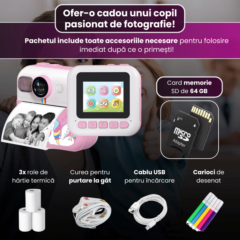 Cameră Foto Instant pentru Copii Famify Roz – 48MP, Full HD, Jocuri Educative, Cadou Ideal [4]