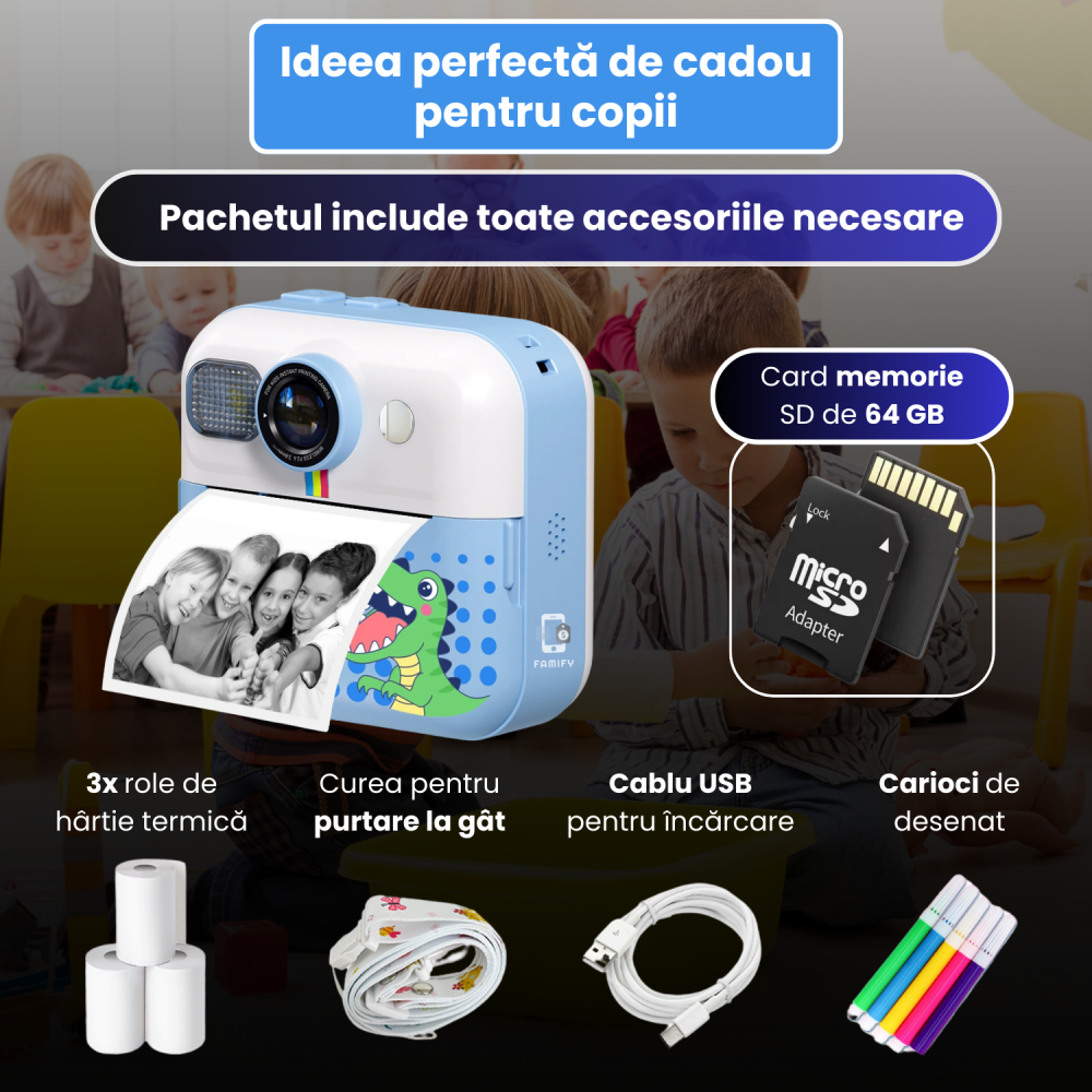 Cameră Foto Instant pentru Copii Famify Albastru – 48MP, Full HD, Jocuri Educative, Cadou Ideal [5]