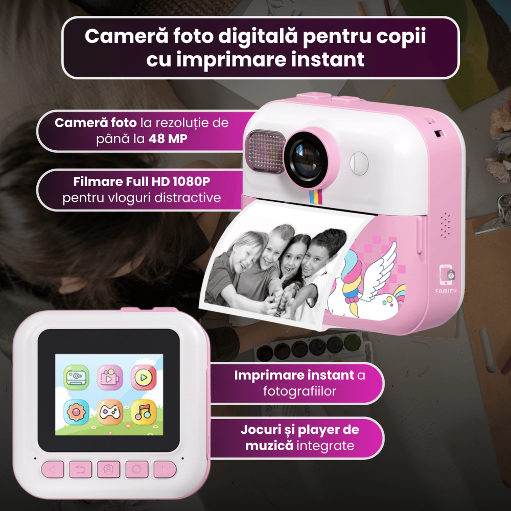 Cameră Foto Instant pentru Copii Famify Roz – 48MP, Full HD, Jocuri Educative, Cadou Ideal [2]