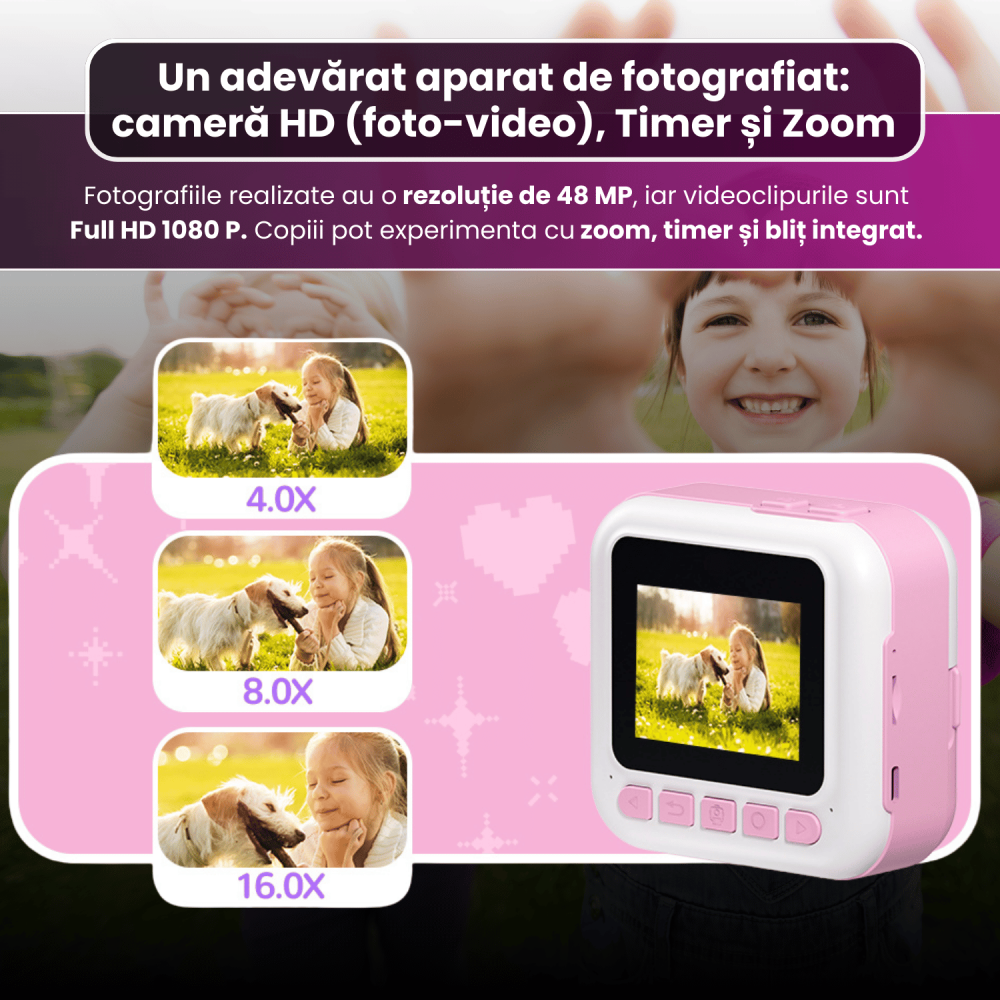 Cameră Foto Instant pentru Copii Famify Roz – 48MP, Full HD, Jocuri Educative, Cadou Ideal [5]
