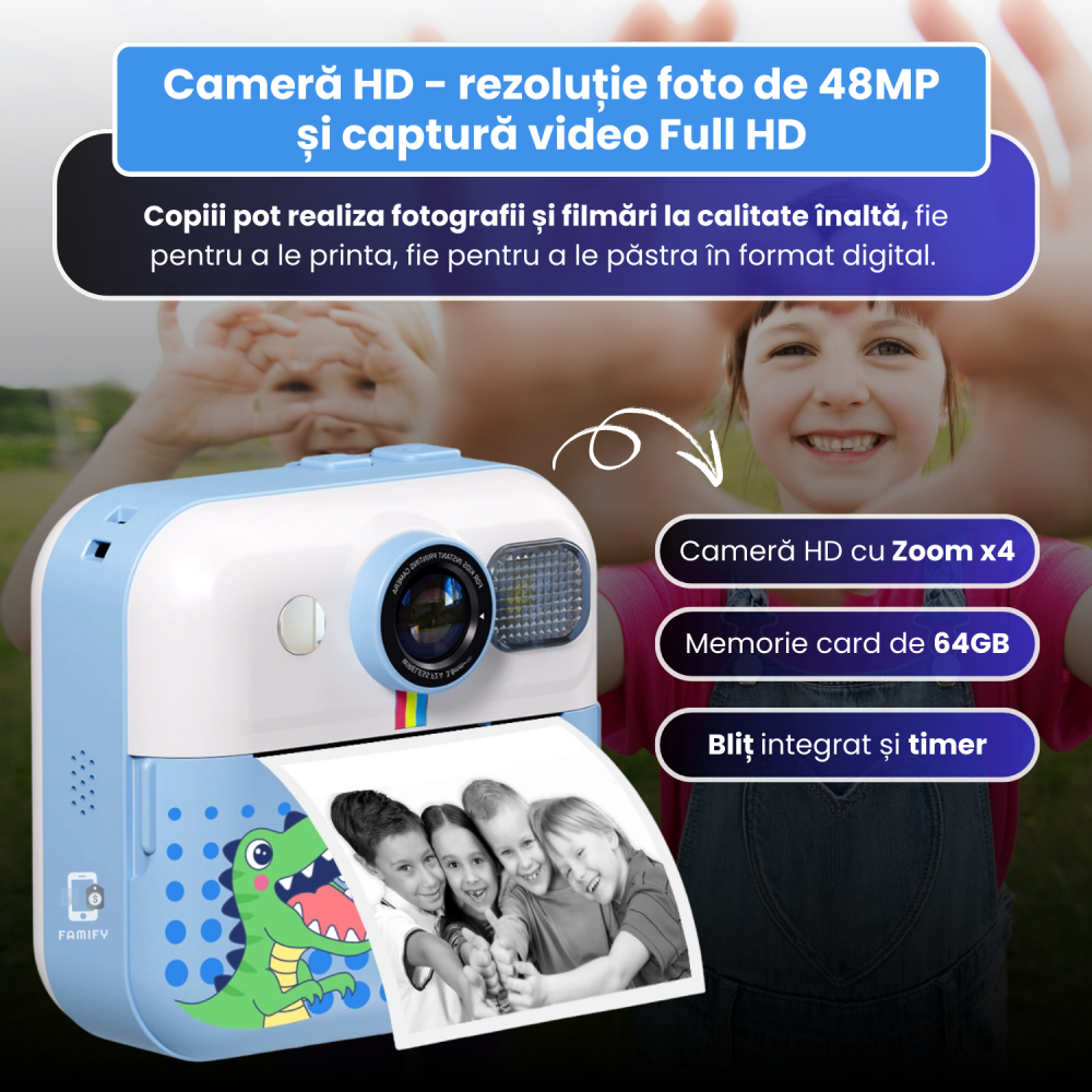 Cameră Foto Instant pentru Copii Famify Albastru – 48MP, Full HD, Jocuri Educative, Cadou Ideal [4]