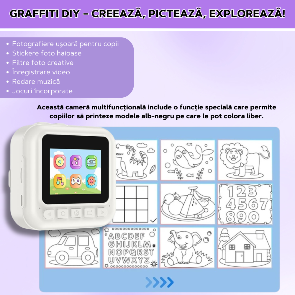 Cameră Foto Instant pentru Copii Famify Alb – 48MP, Full HD, Jocuri Educative, Cadou Ideal [4]