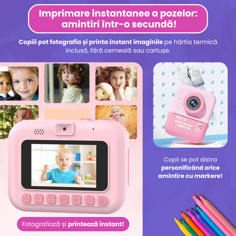 Cameră Foto Instant Tip Polaroid pentru Copii Famify – 48MP, Video HD, Imprimare Termică, Set Cadou Roz [3]