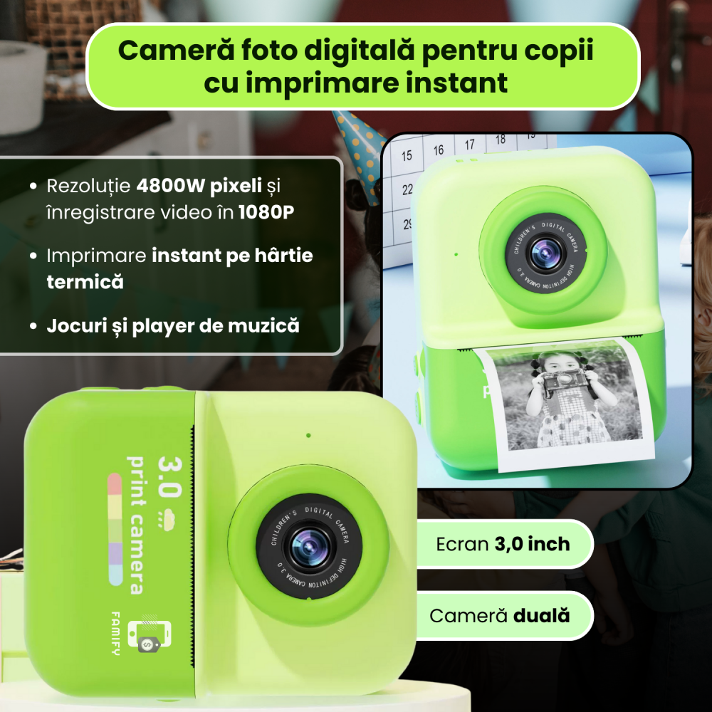 Cameră Foto Instant Tip Polaroid pentru Copii Famify – 48MP, Video HD, Imprimare Termică, Set Cadou Verde [3]