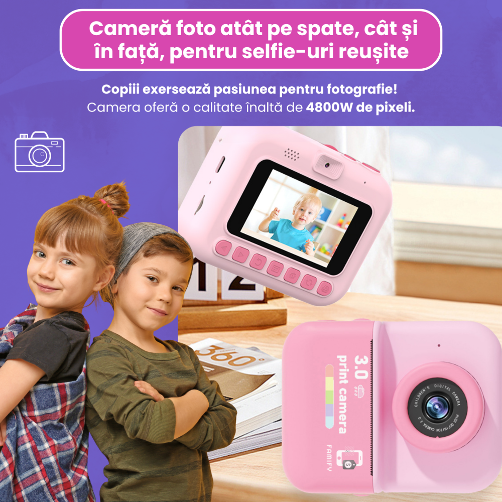Cameră Foto Instant Tip Polaroid pentru Copii Famify – 48MP, Video HD, Imprimare Termică, Set Cadou Roz [4]