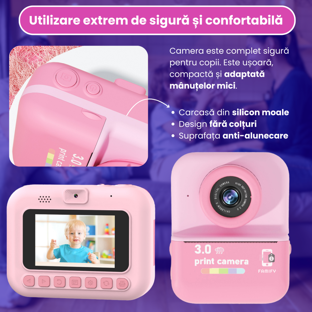 Cameră Foto Instant Tip Polaroid pentru Copii Famify – 48MP, Video HD, Imprimare Termică, Set Cadou Roz [6]