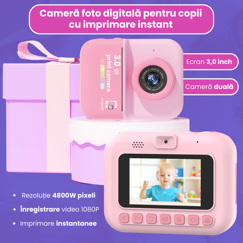 Cameră Foto Instant Tip Polaroid pentru Copii Famify – 48MP, Video HD, Imprimare Termică, Set Cadou Roz [2]
