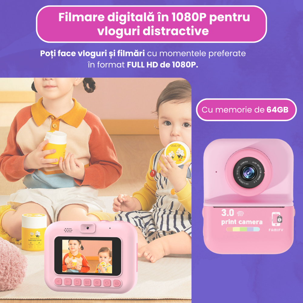 Cameră Foto Instant Tip Polaroid pentru Copii Famify – 48MP, Video HD, Imprimare Termică, Set Cadou Roz [5]