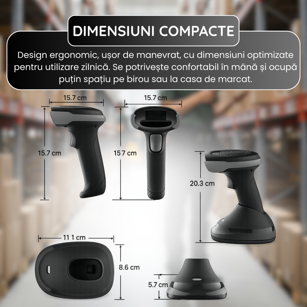 Cititor coduri de bare 1D/2D/QR Wireless – 2.4G + Bluetooth + USB, Auto Scan – POS/Retail/Depozit, Negru [6]