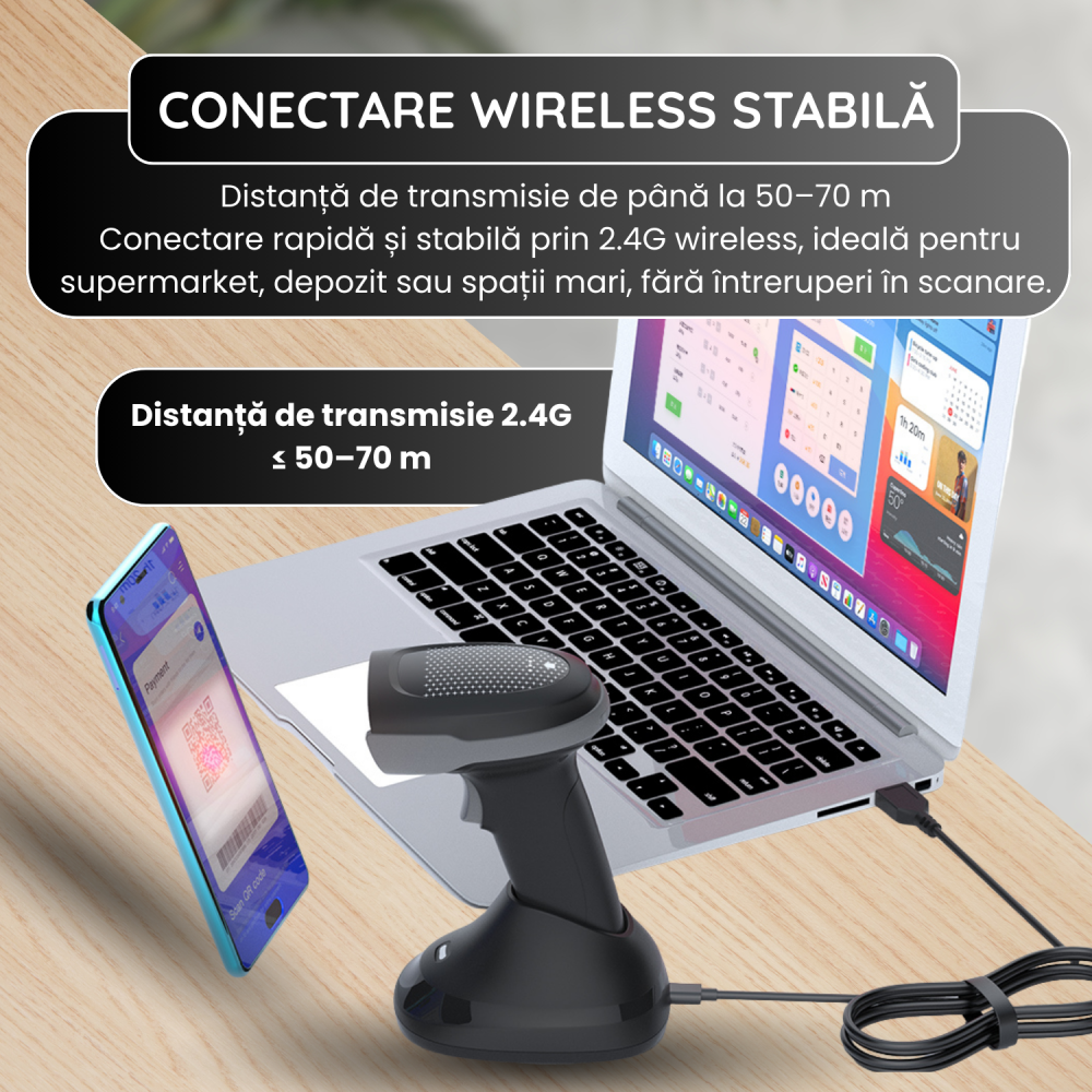 Cititor coduri de bare 1D/2D/QR Wireless – 2.4G + Bluetooth + USB, Auto Scan – POS/Retail/Depozit, Negru [2]