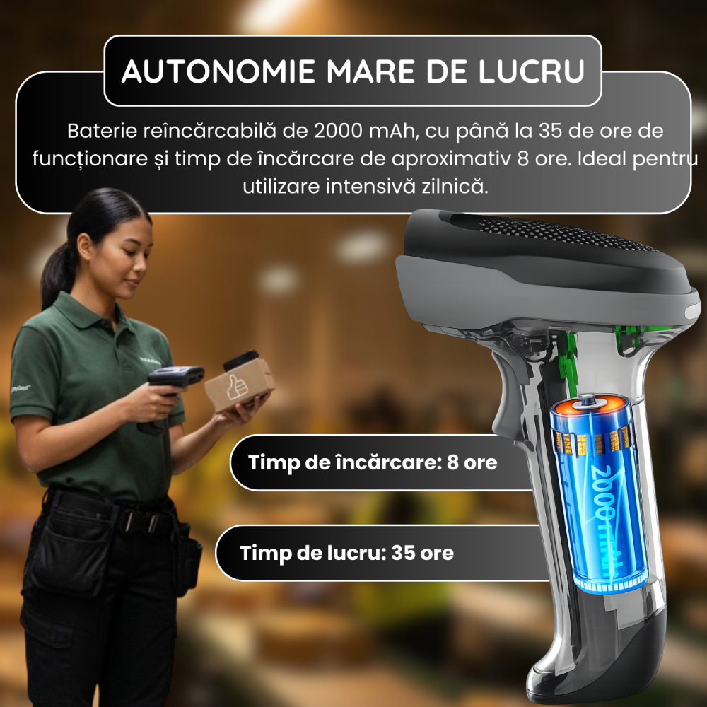 Cititor coduri de bare 1D/2D/QR Wireless – 2.4G + Bluetooth + USB, Auto Scan – POS/Retail/Depozit, Negru [5]
