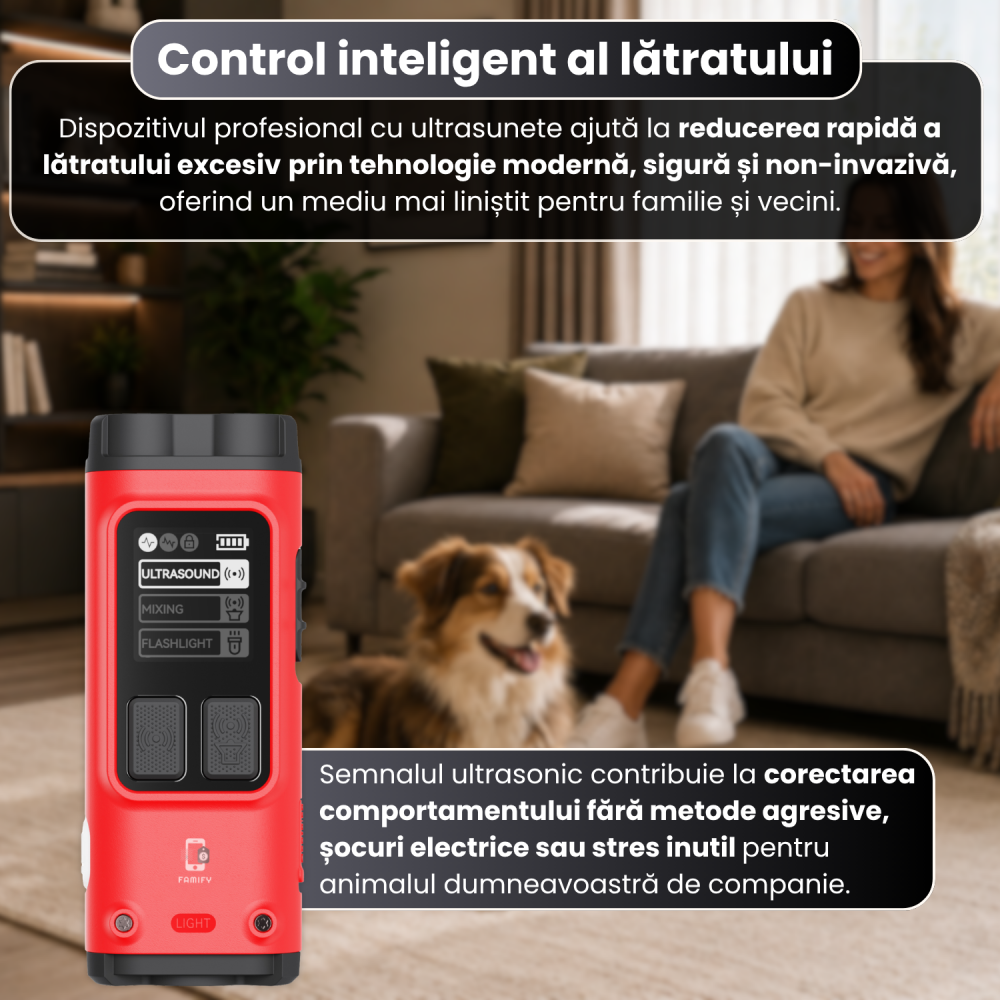 Dispozitiv Anti Lătrat Câini cu Ultrasunete FAMIFY, 15m, USB-C, fără șocuri, roșu [3]
