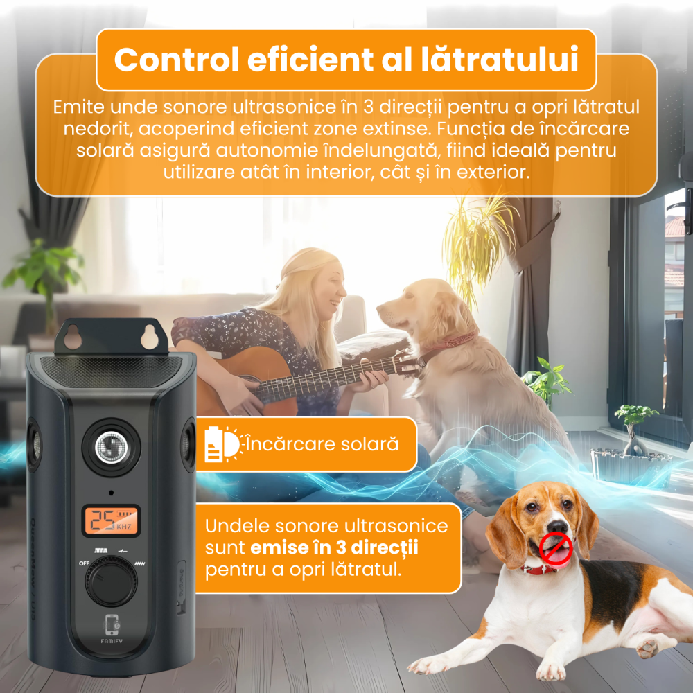 Dispozitiv Ultrasonic Anti-Lătrat Câini Famify – 15m, 3 Moduri, Exterior & Interior, Rezistent la Apă, Negru [3]