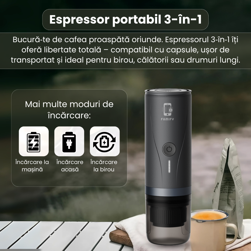 Espressor Portabil 3-în-1 Famify, 20 Bari, Compatibil Capsule Nespresso & Cafea Măcinată, Baterie 7500 mAh, Încălzire Rapidă, USB-C – Ideal pentru Călătorii și Mașină [3]