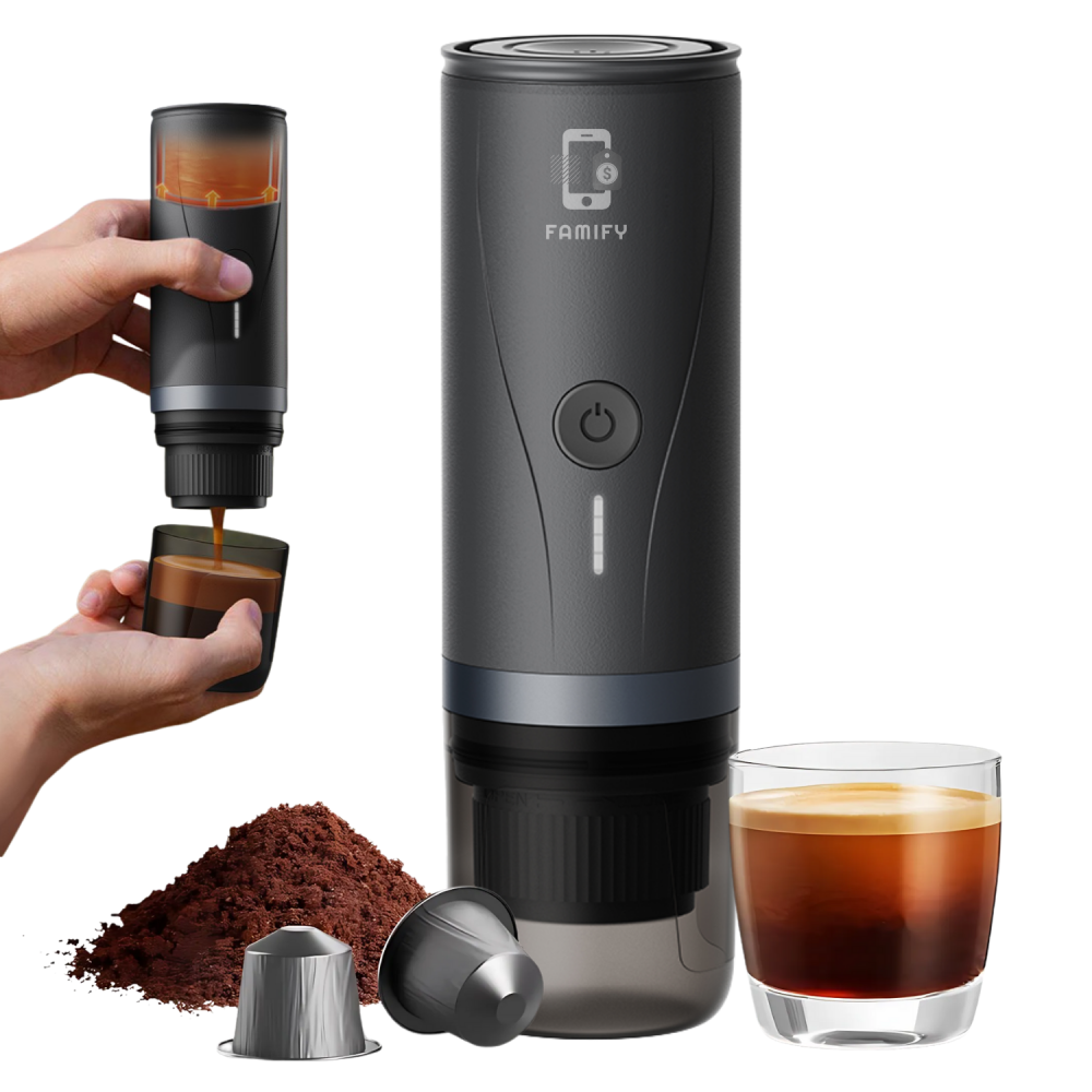 Espressor Portabil 3-în-1 Famify, 20 Bari, Compatibil Capsule Nespresso & Cafea Măcinată, Baterie 7500 mAh, Încălzire Rapidă, USB-C – Ideal pentru Călătorii și Mașină [1]