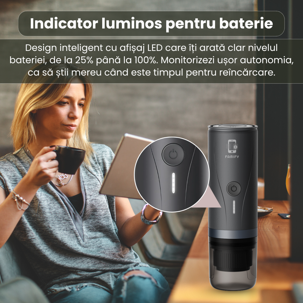 Espressor Portabil 3-în-1 Famify, 20 Bari, Compatibil Capsule Nespresso & Cafea Măcinată, Baterie 7500 mAh, Încălzire Rapidă, USB-C – Ideal pentru Călătorii și Mașină [2]