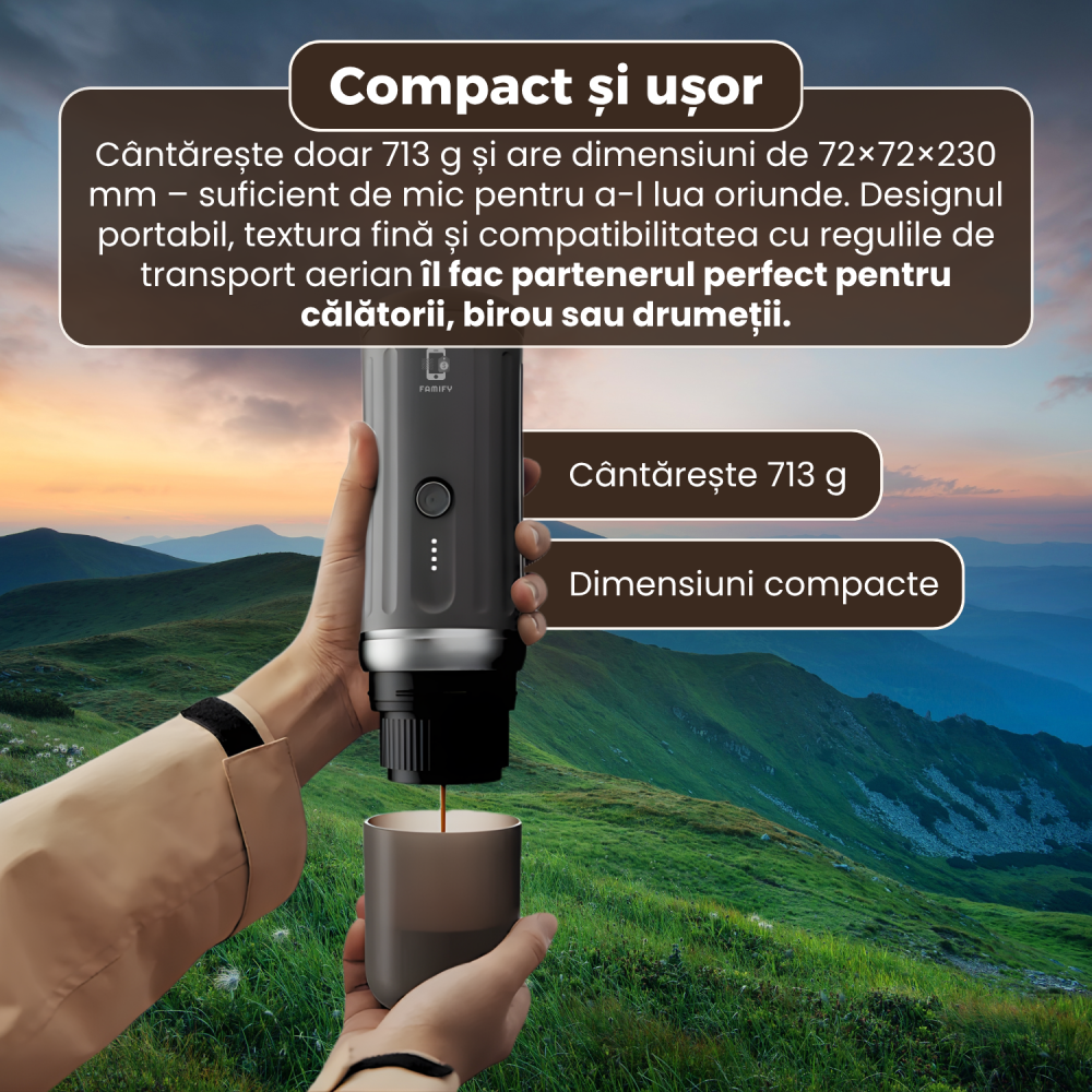 Espressor Portabil Famify 20 Bari, Compatibil Capsule Nespresso & Cafea Măcinată, Baterie 13500 mAh, Încălzire Rapidă 92°C, Control prin Aplicație, Design Compact – Negru [4]