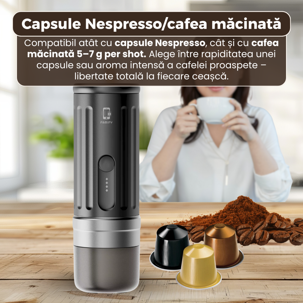 Espressor Portabil Famify 20 Bari, Compatibil Capsule Nespresso & Cafea Măcinată, Baterie 13500 mAh, Încălzire Rapidă 92°C, Control prin Aplicație, Design Compact – Negru [6]