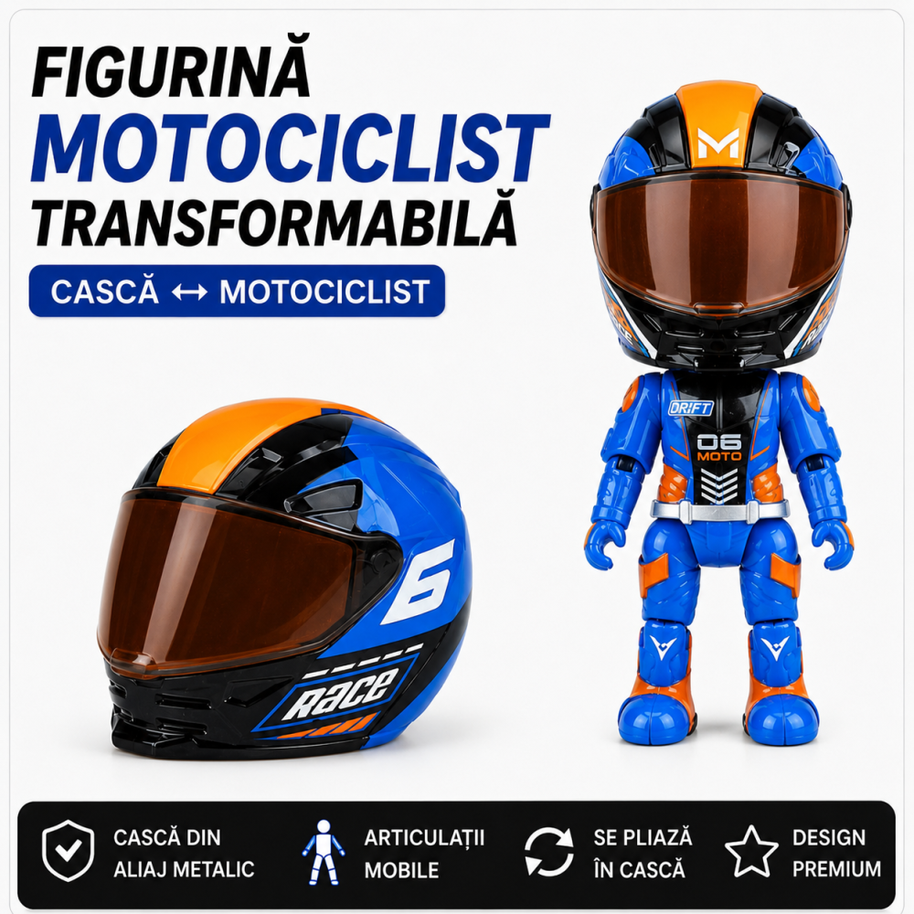 Figurină Pilot Moto FAMIFY Pocket Rider cu Cască Detașabilă Albastru-Portocaliu [2]