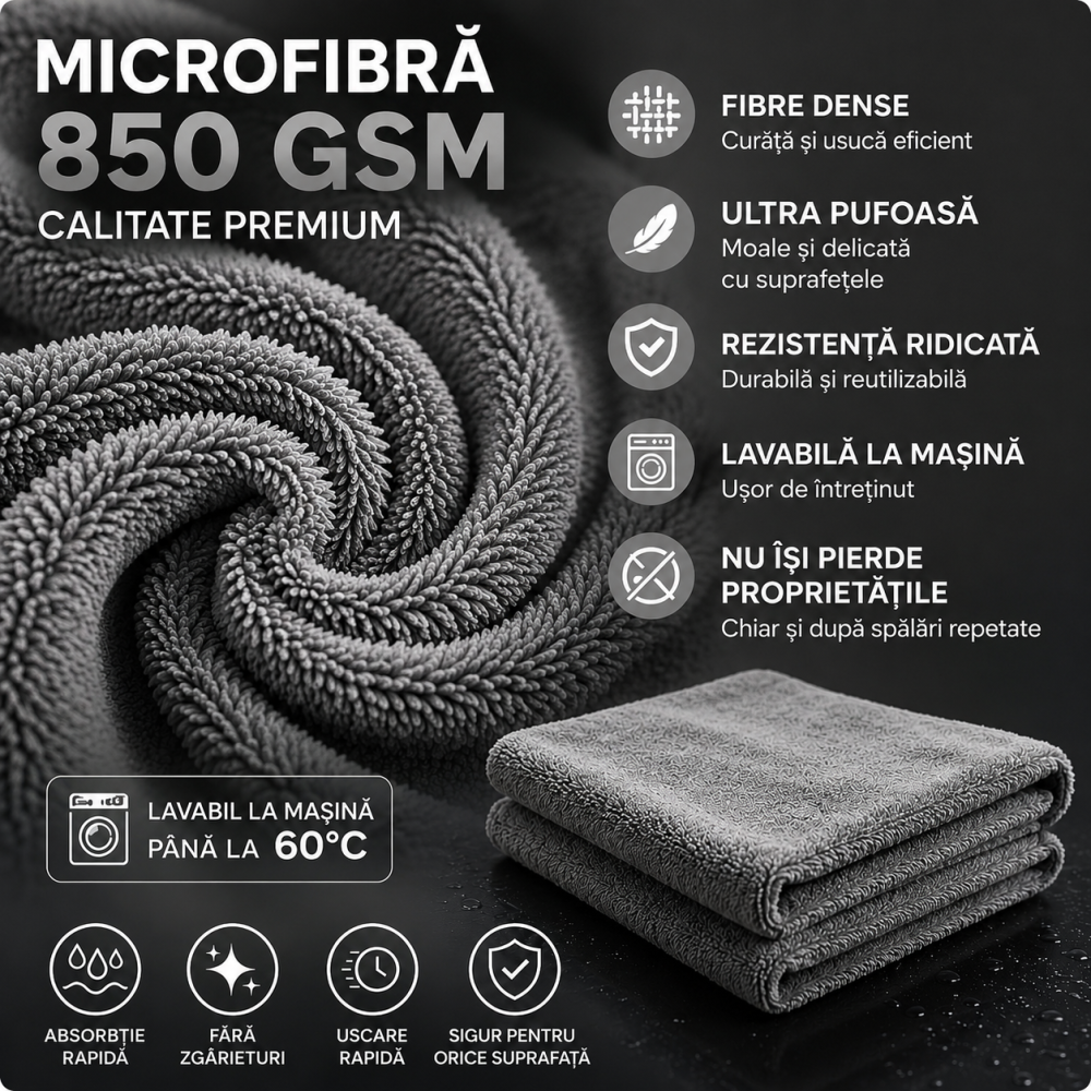 Prosop Uscare Auto Premium Microfibra 70x90 cm 850 GSM Gri [5]